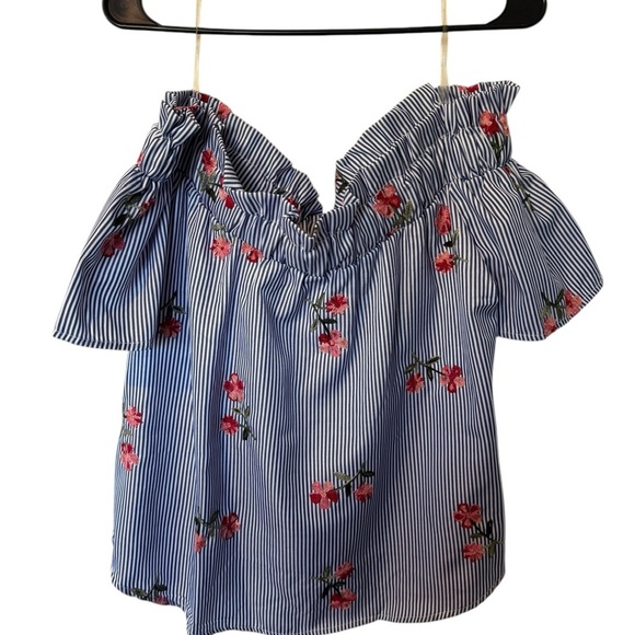 Active USA Blue and Red Flutter Sleeve Smocked Blouse - Picture 1 of 3